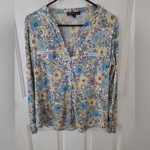 INC International Concepts Blue and Cream Floral V-Neck Long Sleeve Blouse